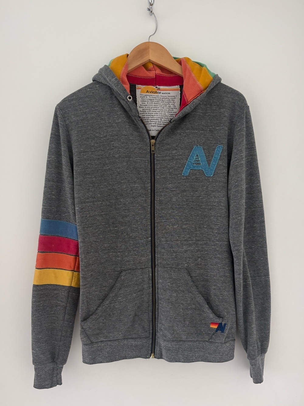 Aviator Nation Rainbow Stripe Full Zip Hoodie | Heather Gray | Size Medium